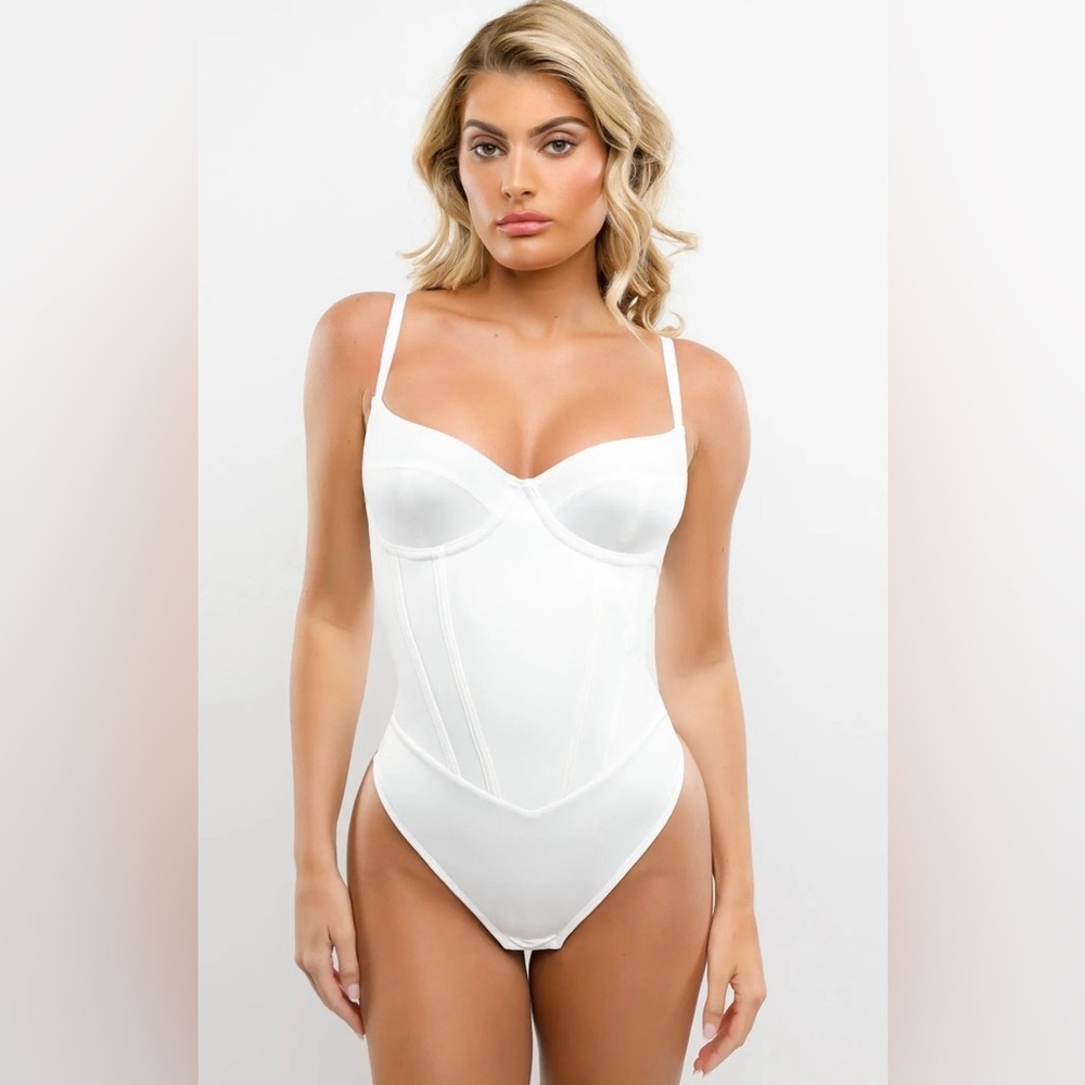 Popilush Corset Bodysuit Built in Bra V Neck Tummy Control Thong Shapewear NEW